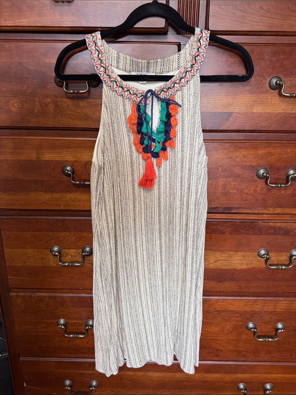 THML Ivory Striped Midi Dress with Colorful Embroidered Tassel Neckline